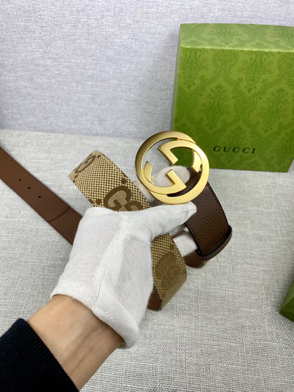 Gucci belt with GG canvas panel and gold-tone double G buckle
