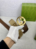 Gucci belt with GG canvas panel and gold-tone double G buckle