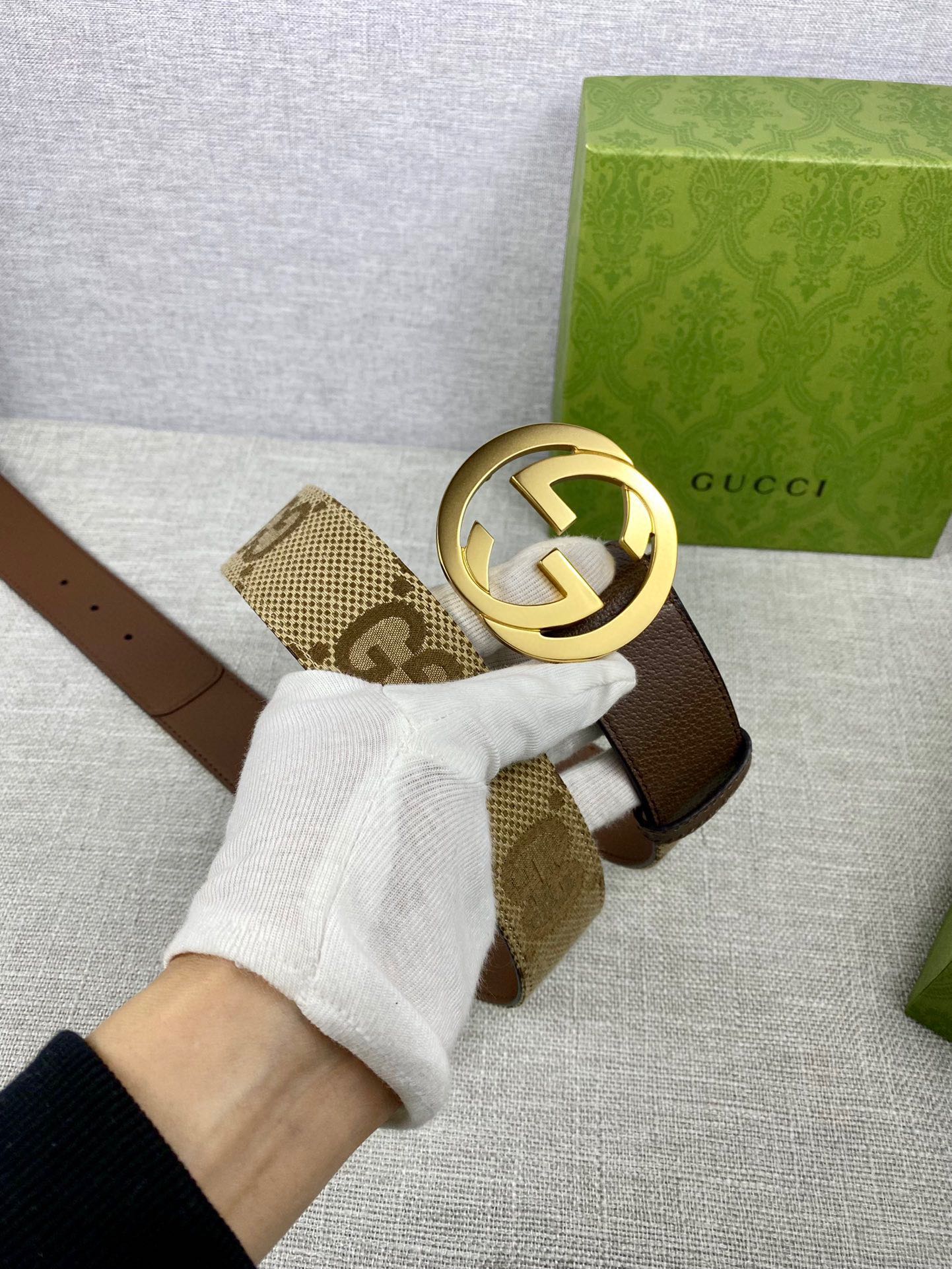 Gucci belt with GG canvas panel and gold-tone double G buckle
