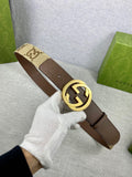 Gucci leather belt with GG canvas strap and gold-tone double G buckle