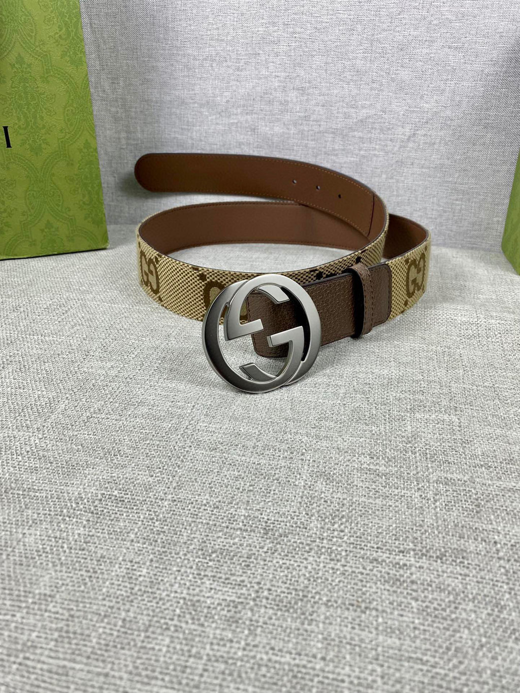 Brown leather belt with GG canvas strap and large silver round buckle