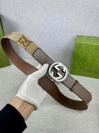 Brown leather belt with GG canvas end and round silver G buckle
