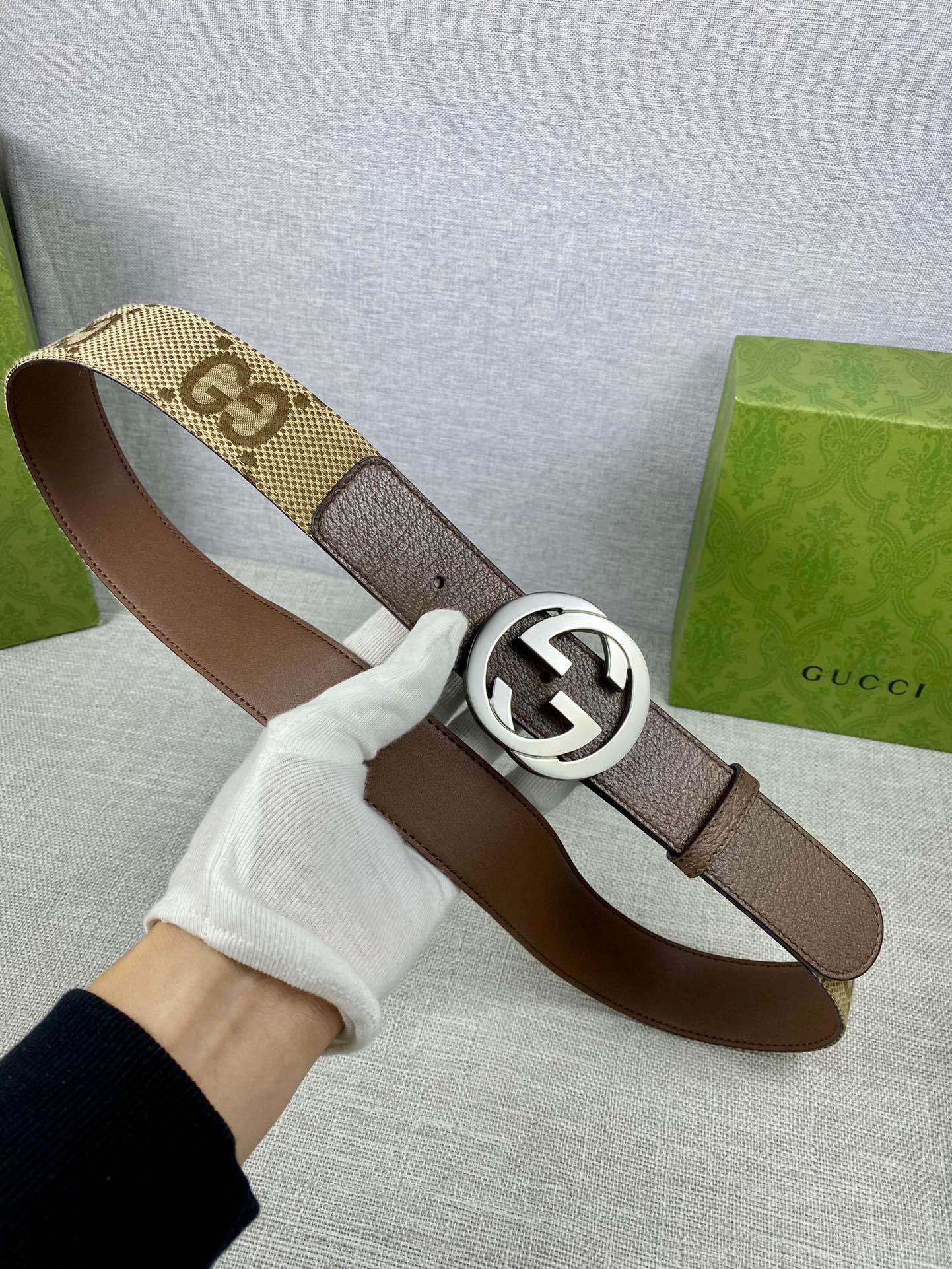 Brown leather belt with GG canvas end and round silver G buckle