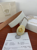 White belt with oval gold medallion buckle and punched holes, with receipts