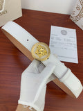 White leather belt with gold Medusa medallion buckle and punched eyelet holes