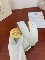 White leather belt with gold Medusa coin buckle and double loop strap