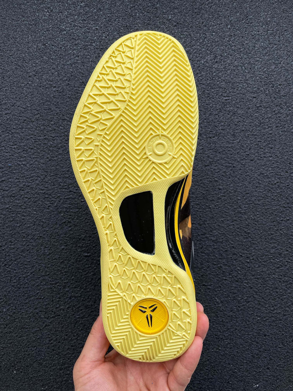 Outsole of black and yellow basketball shoe with textured tread