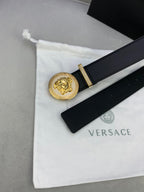 Versace black leather belt with gold medallion buckle and strap end