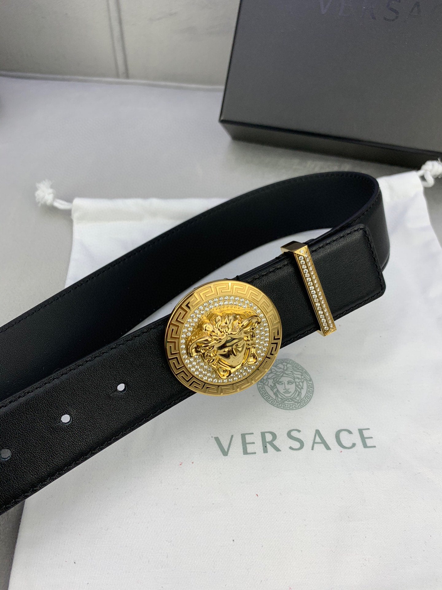 Versace black leather belt with gold medallion buckle and gold keeper bar