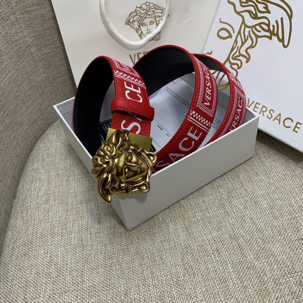 Red Versace belt with gold Medusa buckle set in gift box