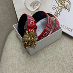 Red Versace belt with gold Medusa buckle set in gift box