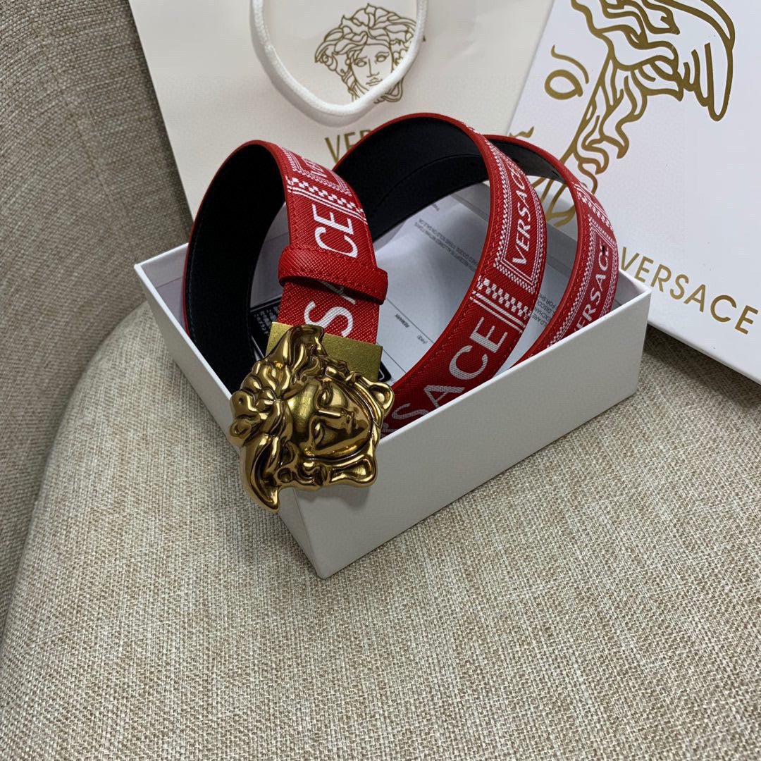 Red Versace belt with gold Medusa buckle set in gift box