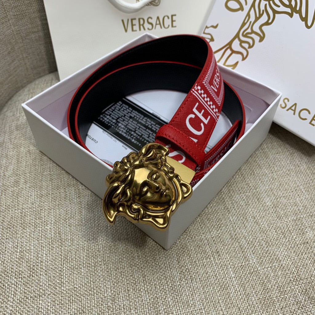 Red Versace belt in box with gold Medusa buckle and black back strap