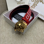 Red Versace belt in box with gold Medusa buckle and black back strap