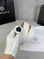 Versace belt in white leather with gold-toned round buckle and black Medusa.