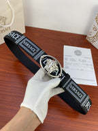 Versace belt in black with silver oval buckle and logo-pattern strap