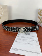 Black Versace belt with repeating white logo and silver Medusa oval buckle, flat view