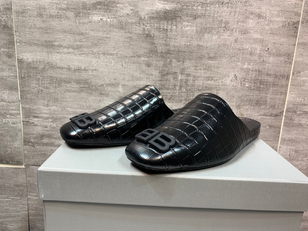 Black croc-embossed slide sandals with BB logo, side view