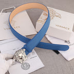 Versace belt in blue leather with silver lion-head buckle, shown from side.