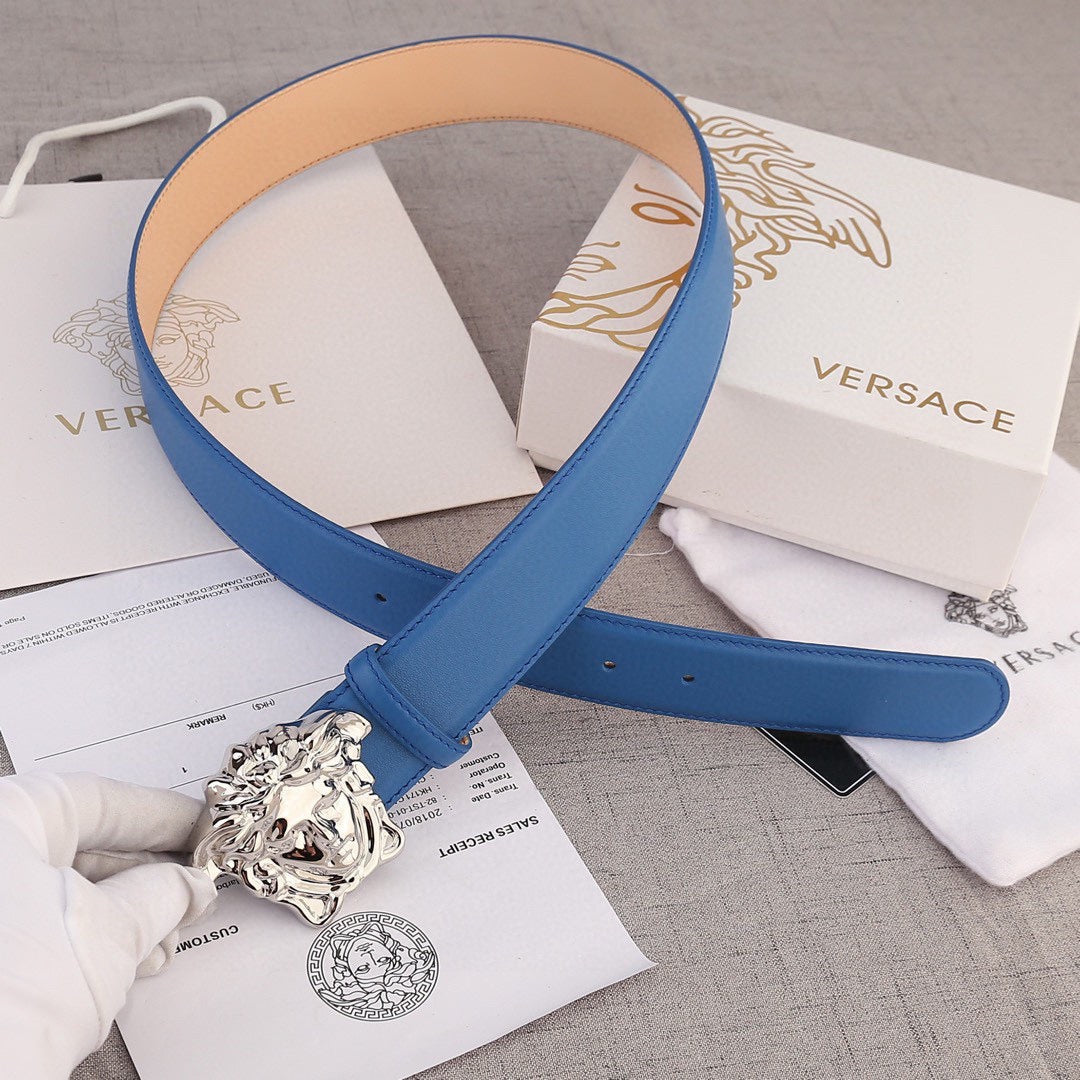 Versace belt in blue leather with silver lion-head buckle, shown from side.
