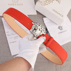 Versace belt with red leather strap and silver Medusa-style buckle