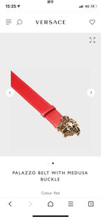 Versace belt with red strap and gold Medusa-style buckle, product view