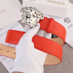 Versace belt with red leather strap and silver Medusa-style buckle detail