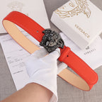 Versace belt with red leather strap and dark silver Medusa-style buckle