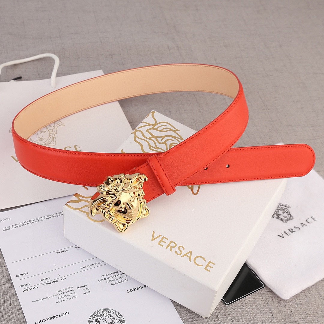 Versace belt with red leather strap and gold Medusa-style buckle