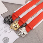 Versace belts with red leather straps and Medusa-style buckles (silver, gold, dark)