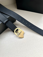 Versace leather belt, dark strap with gold logo buckle and multiple holes