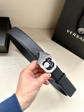 Dark blue leather belt with silver Medusa emblem buckle.