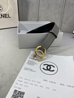 Two-tone leather belt with gold-tone double C buckle, dark gray strap and round eyelets
