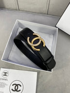 Black leather belt with gold-tone CC buckle in gift box