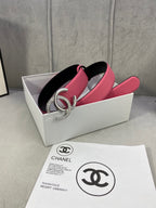 Chanel belt with pink strap and black lining, gold CC buckle detail in box