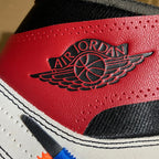 Red leather high-top sneaker with Air Jordan Wings logo on side