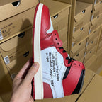 Red and white high-top sneaker with black laces and light blue collar