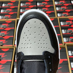 High-top sneaker vamp with perforated toe box and black overlay, light gray panel