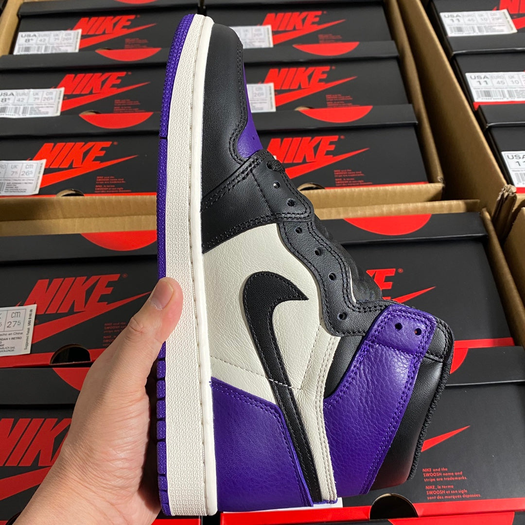 High-top sneaker side view with black laces, white midsole, and purple quarter panel