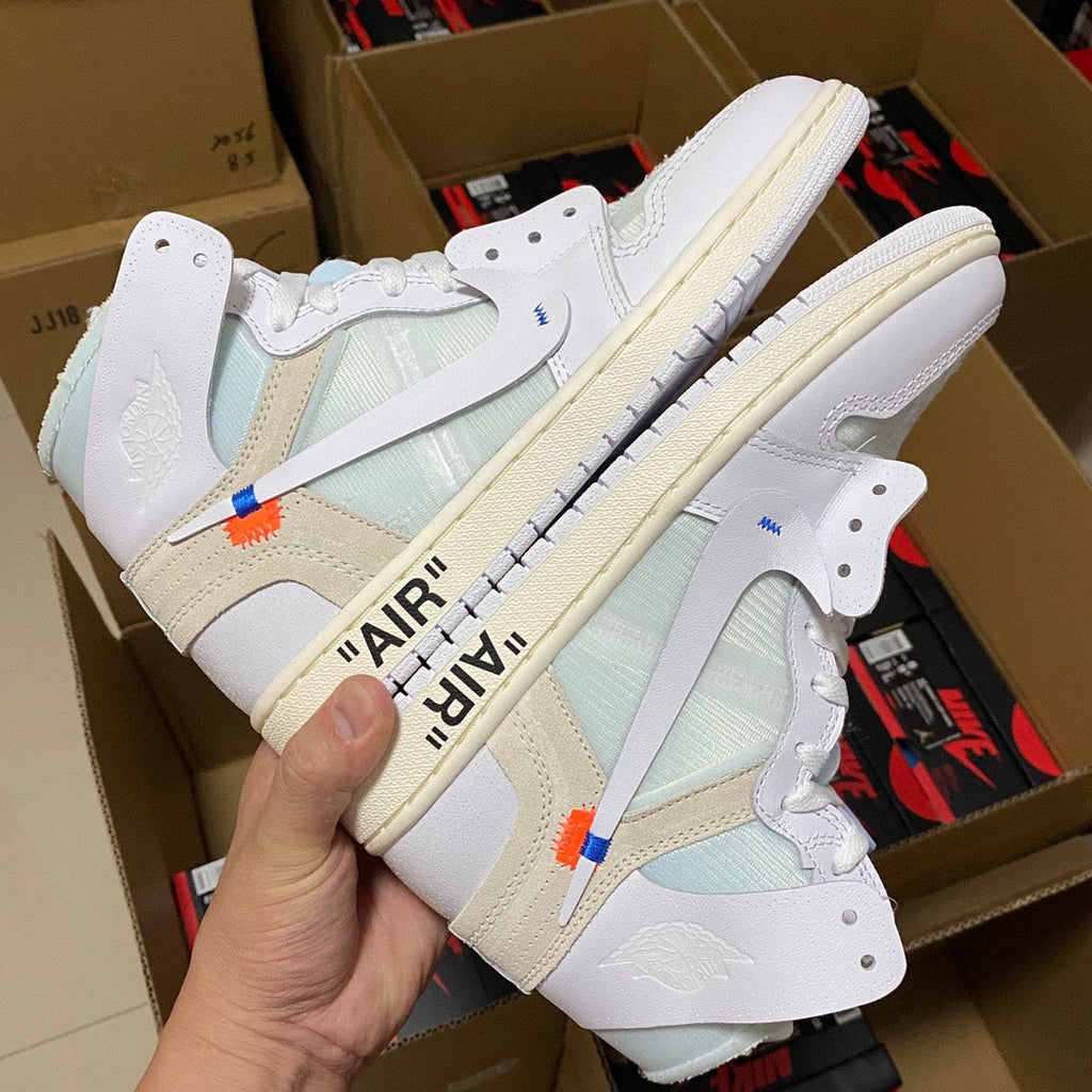 White and pale green high-top sneakers with lace accents and cream midsoles