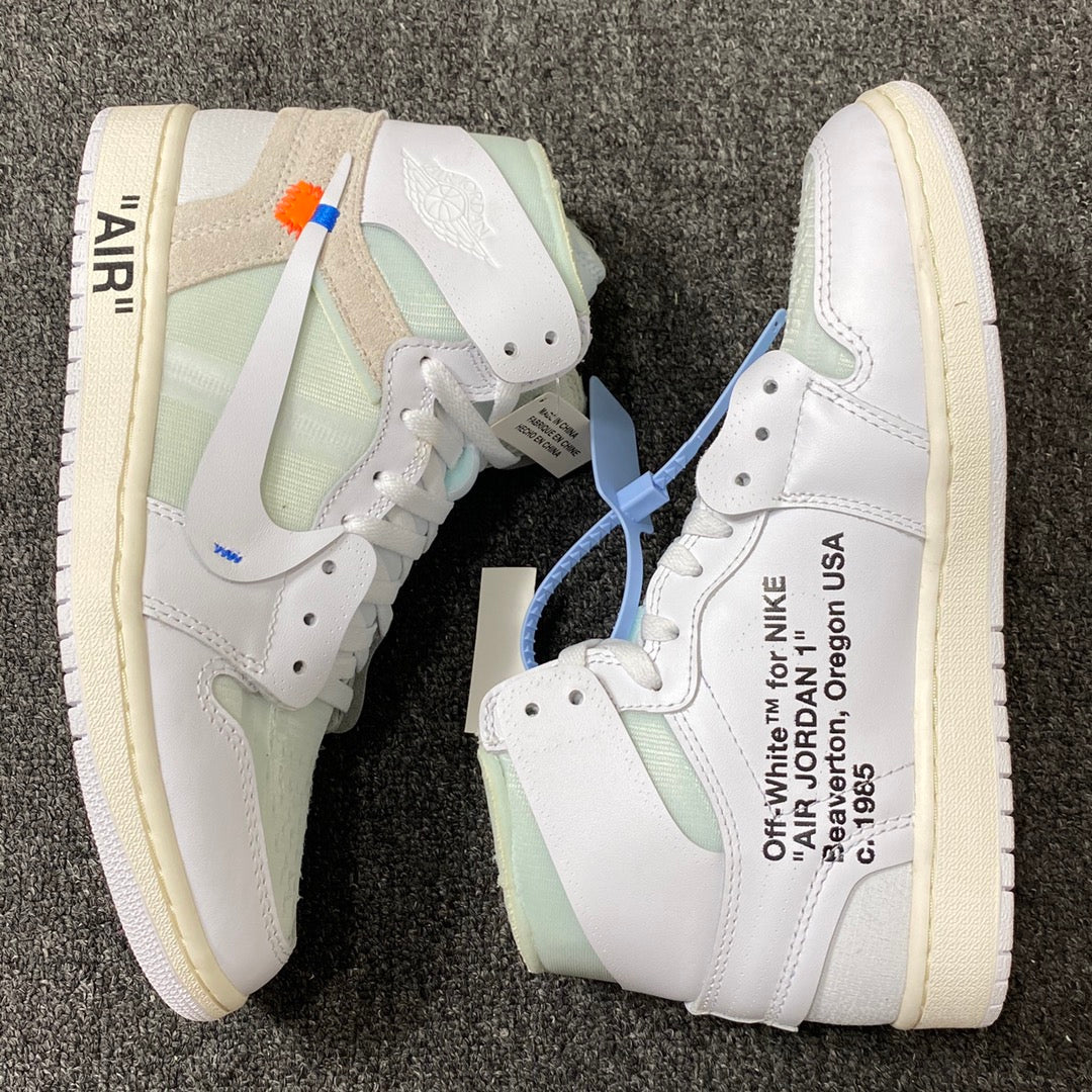 White and pale green high-top sneakers with 'AIR' side detail and cream soles