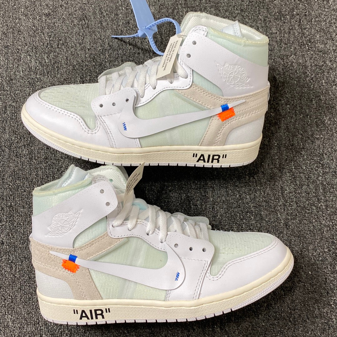 White and pale green high-top sneakers with lace detail and cream midsoles
