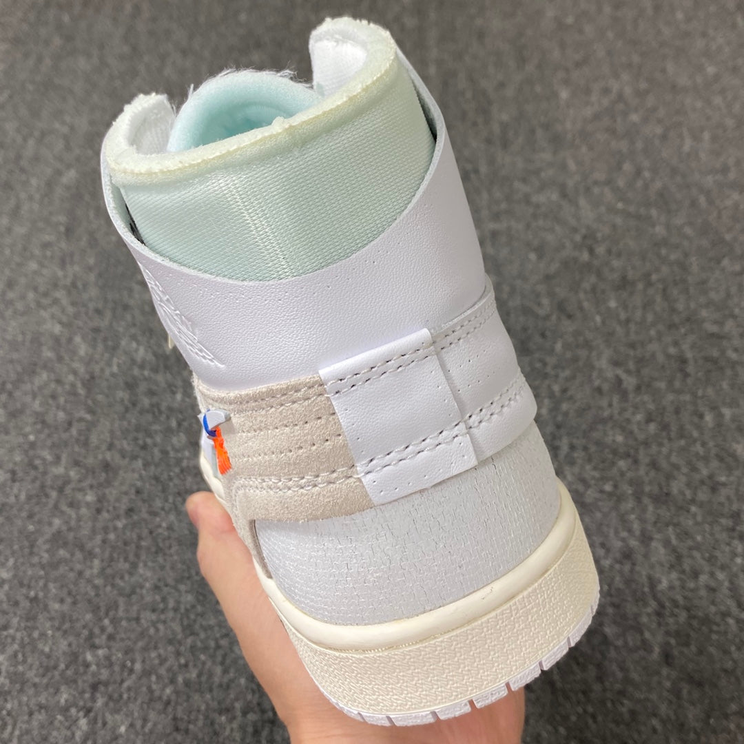 White high-top sneaker heel with pale green lining and padded strap panel