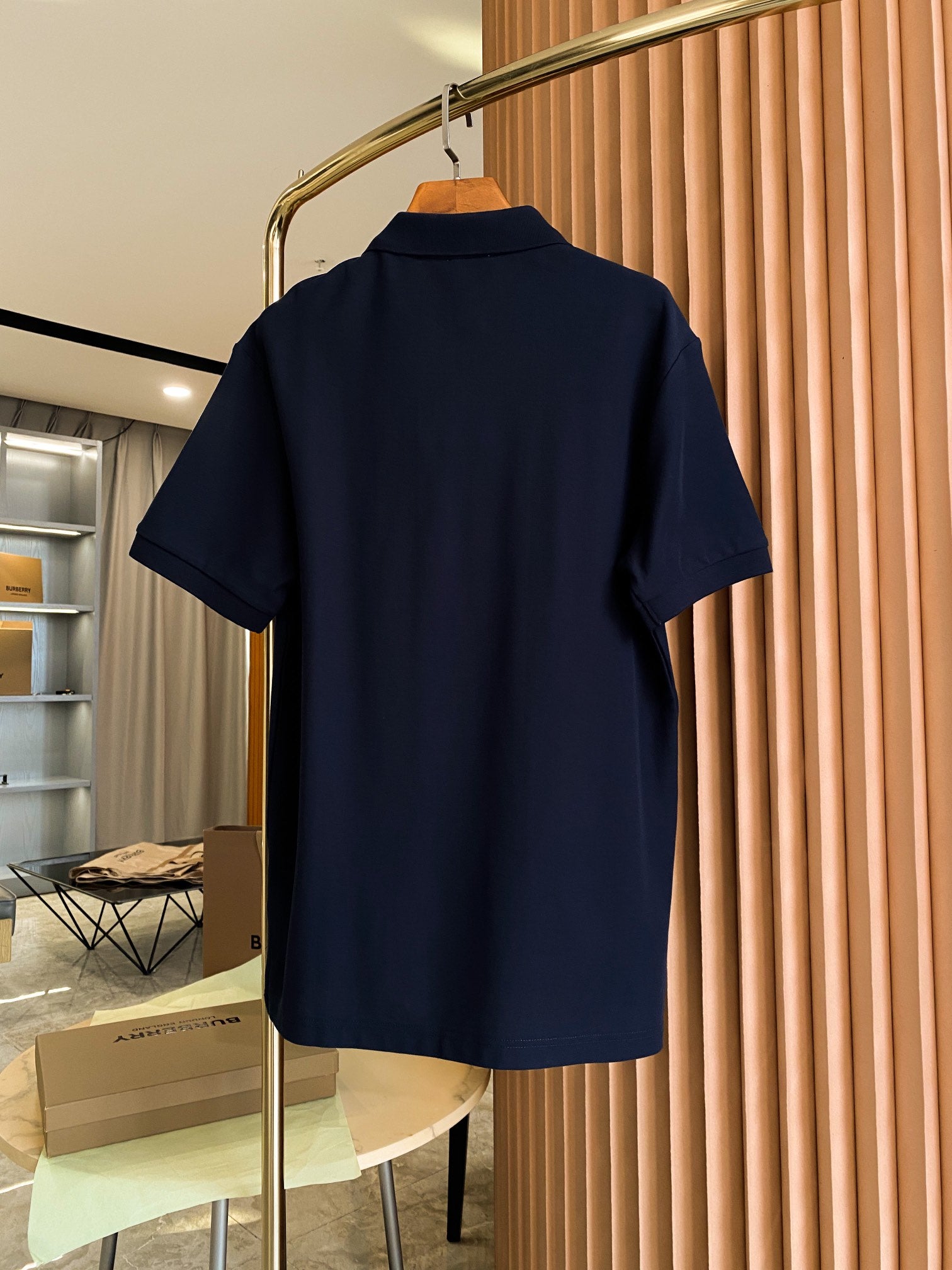 Burberry polo shirt back view, dark navy, short sleeves, collar