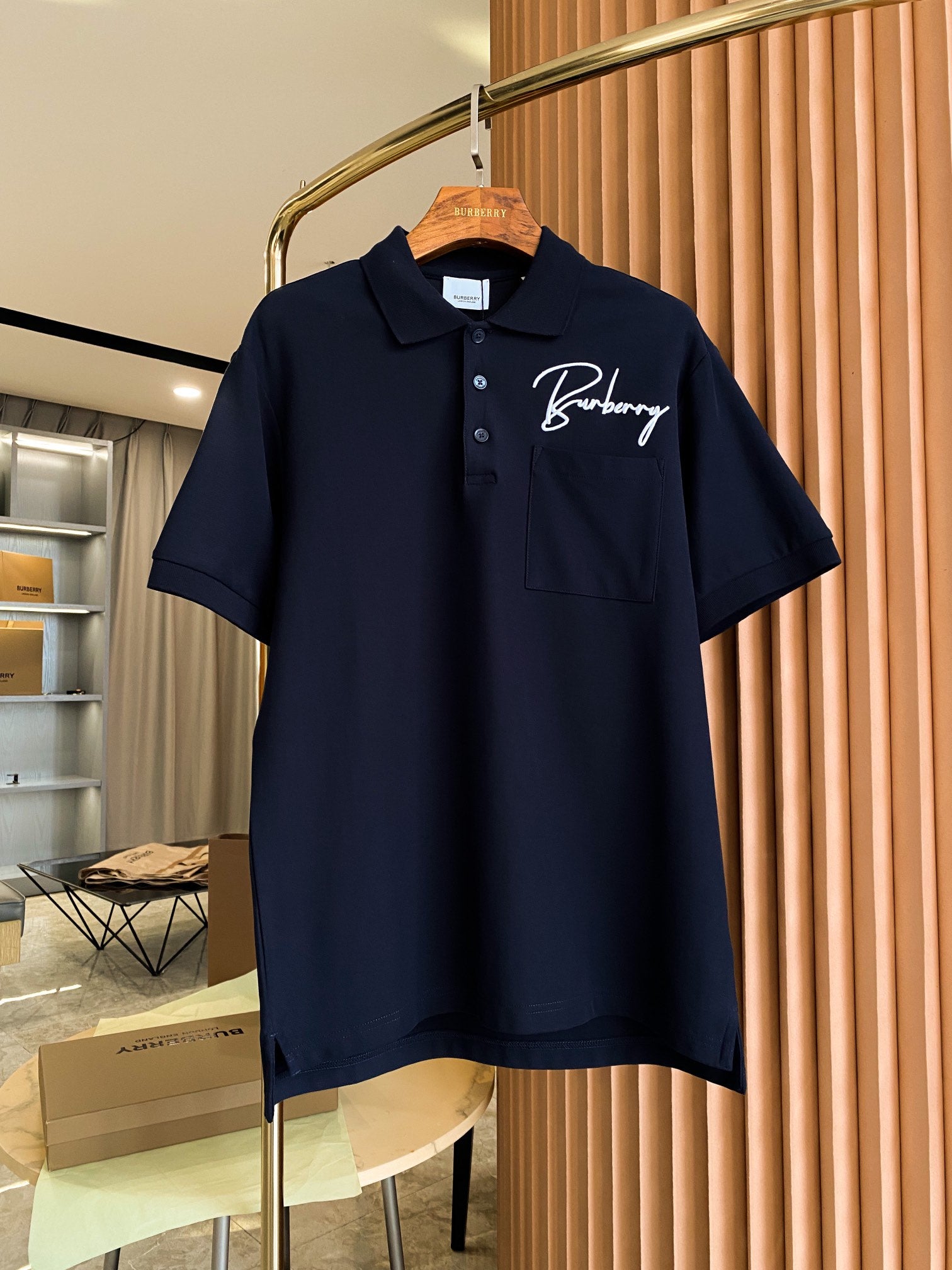 Burberry polo shirt, dark navy, short sleeves, button placket, embroidered chest logo
