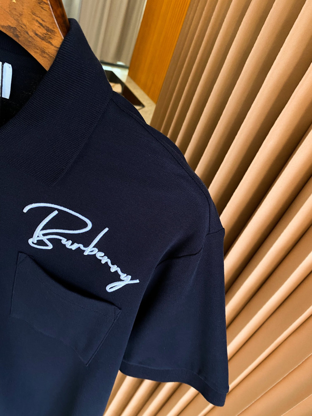 Burberry polo shirt dark navy, embroidered signature logo on chest, side seam hem