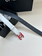 Leather belt pair with Chanel logo buckle, one light cream and one dark strap