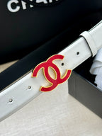 Leather belt with Chanel logo buckle, light cream strap, stitched edge and holes