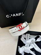 Leather belt with Chanel logo buckle, light cream strap and silver-tone holes