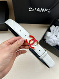 Leather belt with Chanel logo buckle, light cream strap and silver-tone holes